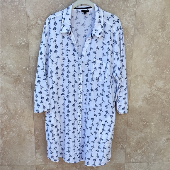 Talbots XL Palm Tree Button Down Shirt White Blue 100% Cotton Resort Top Long - Picture 2 of 9